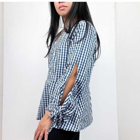 Universal Standard for J.Crew NWT Blue White Gingham Tie Sleeve Cutout Shirt - Picture 3 of 16
